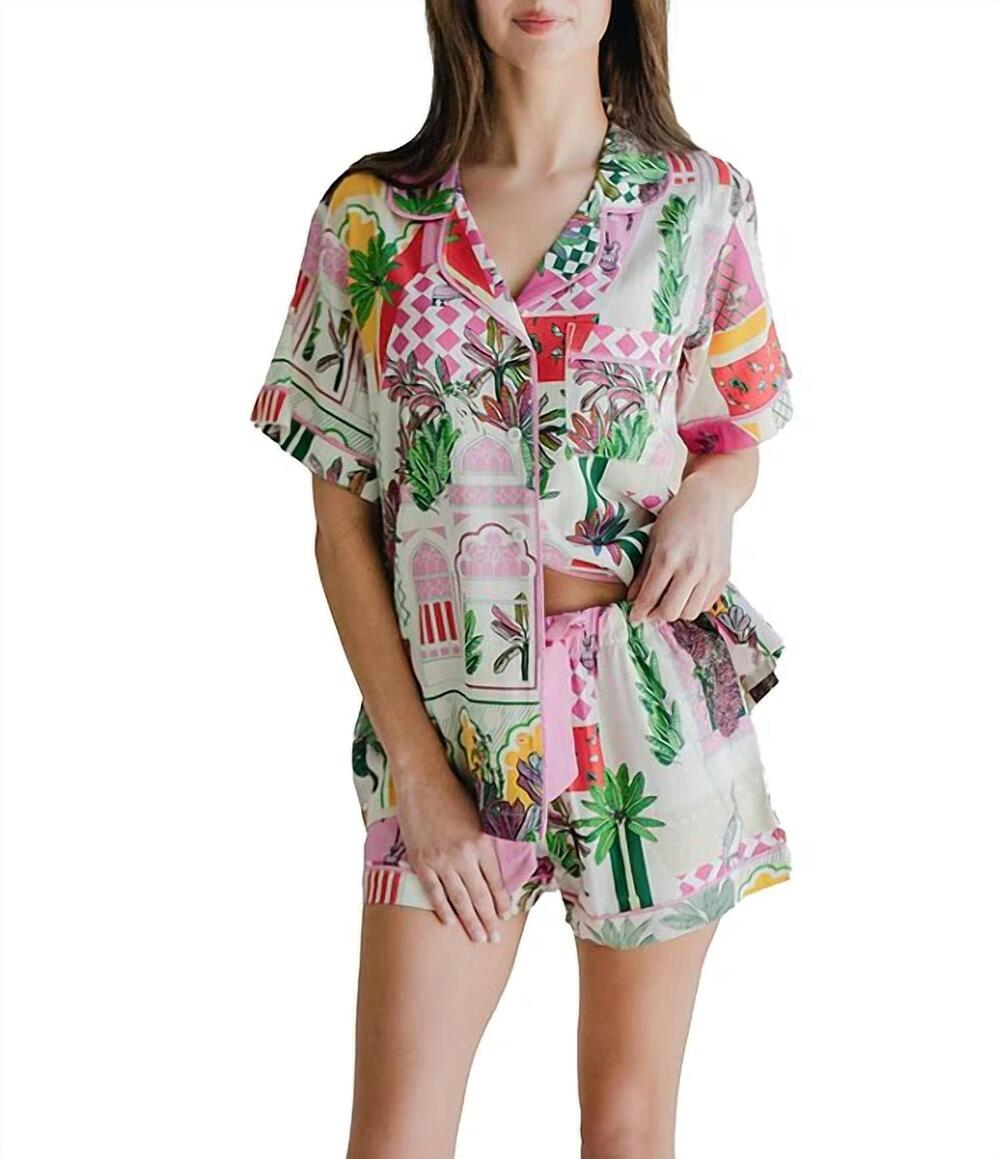 NEW KATIE KIME short sleeve notch collar shorty pajama set in greco garden